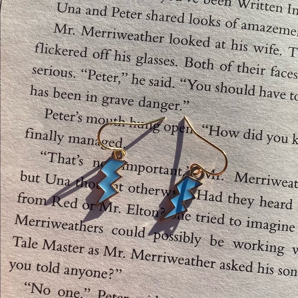 Gold hook blue lightning bolt earrings